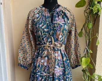 Mix color block printed cotton maxi dress, summer wear long maxi dress, Plus Size long sleeve Dress for Women, Tiered Dress with Pockets