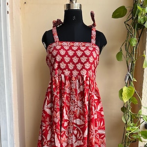 Red block print Cotton dress, adjustable straps Dress, Indian cotton dress, dress with pocket, long maxi summer dress, boho dress, sun dress