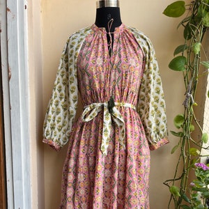 Mix color block printed cotton maxi dress, summer wear long maxi dress, Plus Size long sleeve Dress for Women, Tiered Dress with Pockets