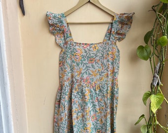 Hand Block Printed Cotton Dress, Indian Floral Long Gown