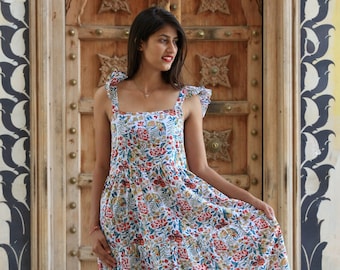 Sukienka bawełniana z nadrukiem blokowym: bezrękawa sukienka letnia w stylu boho