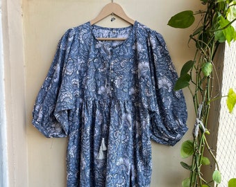 Vestido maxi estampado en bloque de mano, túnicas indias, vestido de verano de algodón para mujer, vestido de algodón con estampado de bloque de mano, vestido maxi de nivel de algodón, vestido boho