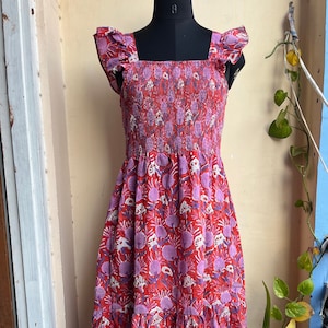 Robe imprimée bloc main, Tuniques indiennes, Robe imprimée à la main, Robe longue en coton indien, Robe en coton indienne, Robe sans manches à bretelles réglables