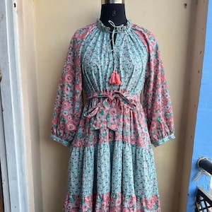 Mix color block printed cotton maxi dress, summer wear long maxi dress, Plus Size long sleeve Dress for Women, Tiered Dress with Pockets