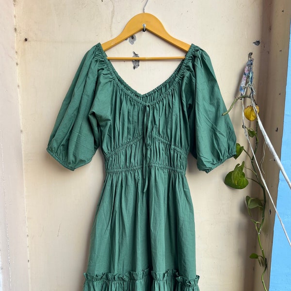 Women Wear Sweetheart neckline cotton dress, Green Midi Casual Dress, Indian Cotton Long maxi Summer dress, Puff Sleeve Dress with pocket