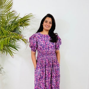 Hand Block Printed Dress Block print summer dress, Indian Cotton Long maxi Dress, Dress, short sleeve dress with pocket, floral dress