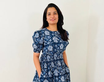 Hand Block Printed Cotton Maxi Dress: Floral Indian Tunic with Pockets