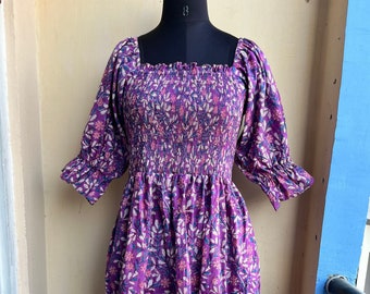 Bohemian maxi Dress, floral cotton dress,Purple hand block printed dress, Indian Cotton Long Gown, Indian Cotton Dress, Smocked maxi dress