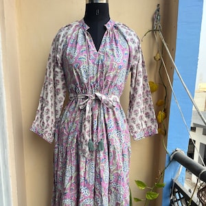 Mix color block printed cotton maxi dress, summer wear long maxi dress, Plus Size long sleeve Dress for Women, Tiered Dress with Pockets