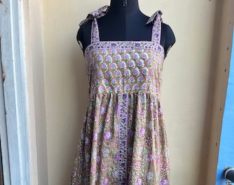 Vestido de algodón estampado a mano: túnica india sin mangas