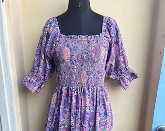Hand Block Printed Cotton Dress: Indian Floral Long Gown