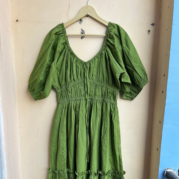 Women Wear Sweetheart neckline cotton dress, Green Midi Casual Dress, Indian Cotton Long maxi Summer dress, Puff Sleeve Dress with pocket