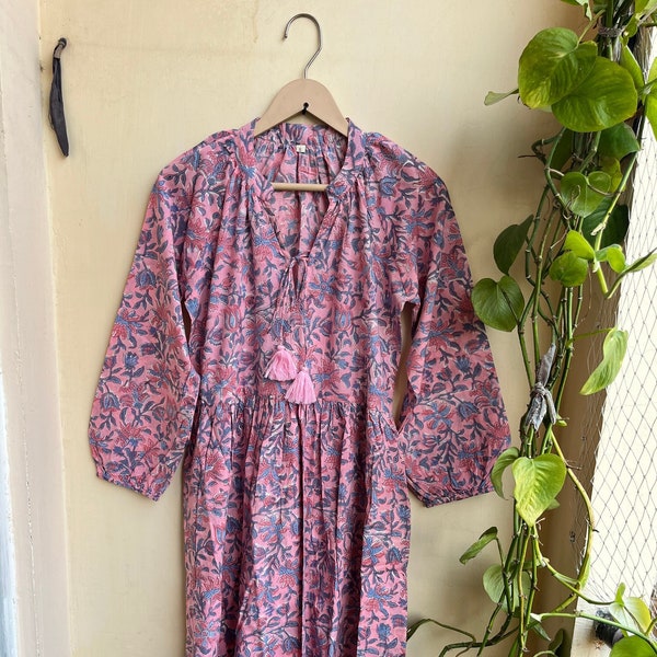 Hand Block Printed Dress, Long sleeve dress, Indian Tunics, Hand Printed Dress, Indian Cotton Long Gown, Indian Cotton Dress, Printed Dress