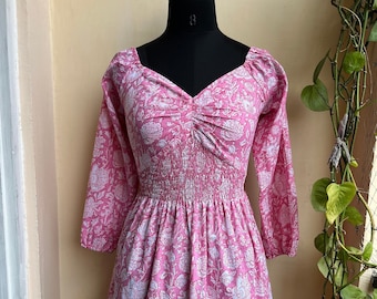 Hand Block Printed Cotton Gauze Dress: Floral Boho Hippie Short Dress