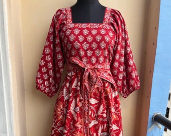 ワンピース Helis Square Color Block Dress Square Neck Cotton Summer Dress, Hand Block Print Midi Dress