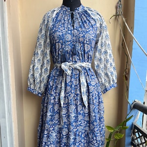 Mix color block printed cotton maxi dress, summer wear long maxi dress, Plus Size long sleeve Dress for Women, Tiered Dress with Pockets