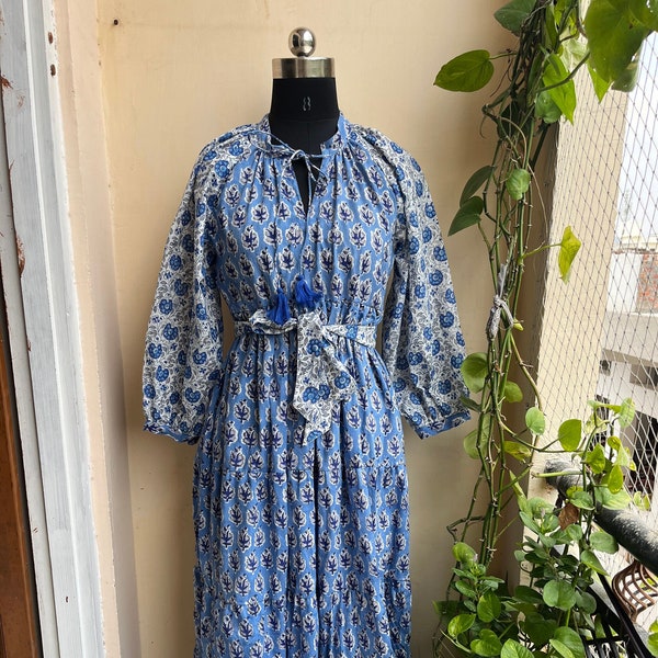 Mix color block printed cotton maxi dress, summer wear long maxi dress, Plus Size long sleeve Dress for Women, Tiered Dress with Pockets