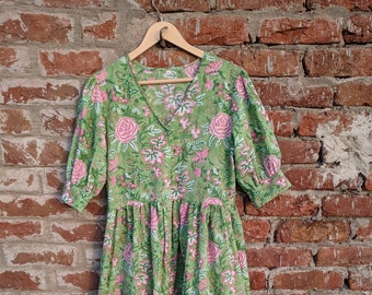 Hand Block Printed Cotton Dress, Indian Floral Gown
