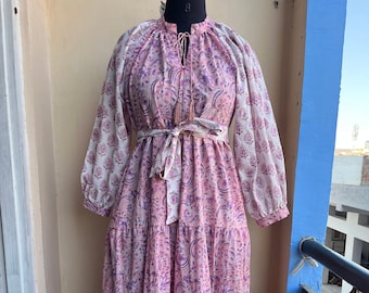 Hand Block Print Cotton Maxi Dress, Boho Indian Dress