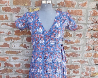 Hand Block Printed Cotton Wrap Dress: Boho Midi Summer Dress