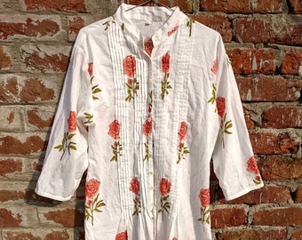 Hand Block Printed Cotton Dress: Indian Floral Tunic Gown