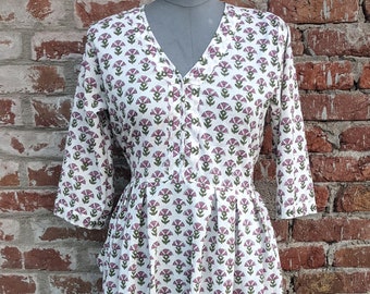 Hand Block Printed Cotton Dress: Indian Floral Tunic Gown