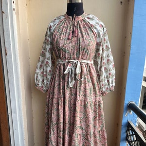 Mix color block printed cotton maxi dress, summer wear long maxi dress, Plus Size long sleeve Dress for Women, Tiered Dress with Pockets