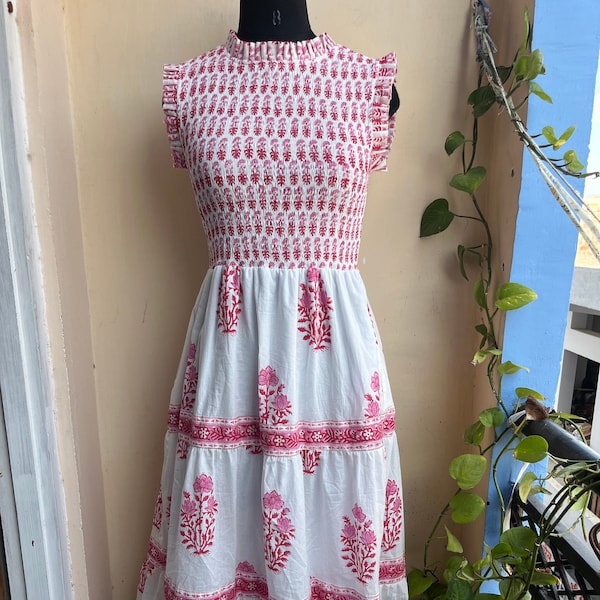 Hand block printed summer wear long maxi dress, cotton sleeve less smoking dress, ruffle neckline Shirred dress, Frill flutter sleeve dress