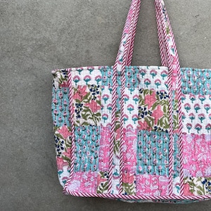 Quilted Cotton Handprinted Reversible Large multicolor Floral Tote Bag Eco friendly Sustainable Sturdy Grocery Shopping Handmade Boho bag