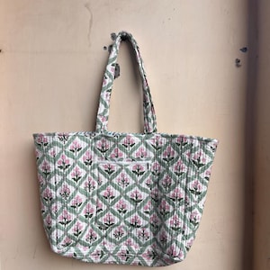 Quilted Cotton Handprinted Reversible Large Blue Floral Tote Bag Eco friendly Sustainable Sturdy Grocery Shopping Handmade Art Boho