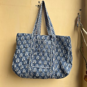 Quilted Duffle Tote Shoulder Patch Bag Cotton Handprint Floral Eco friendly Sustainable bag, Yoga Shopping Beach Artist Boho Weekend bag
