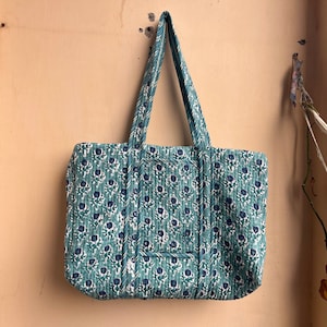 Quilted Duffle Tote Shoulder Patch Bag Cotton Handprint Floral Eco friendly Sustainable bag, Yoga Shopping Beach Artist Boho Weekend bag