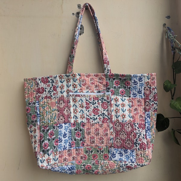 Borsa tote floreale multicolore reversibile grande stampata a mano in cotone trapuntato Borsa Boho fatta a mano per la spesa robusta e sostenibile ecologica