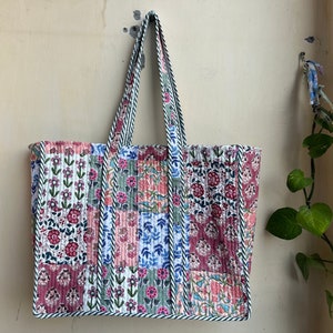 Quilted Cotton Handprinted Reversible Large multicolor Floral Tote Bag Eco friendly Sustainable Sturdy Grocery Shopping Handmade Boho bag