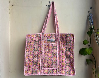 Quilted Cotton Handprinted Reversible Large multicolor Floral Tote Bag Eco friendly Sustainable Sturdy Grocery Shopping Handmade Boho bag