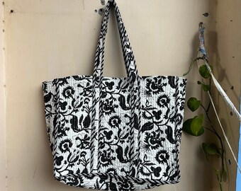 Black White Floral Quilted Tote Bag – Indian Block Print Kantha Shoulder Bag