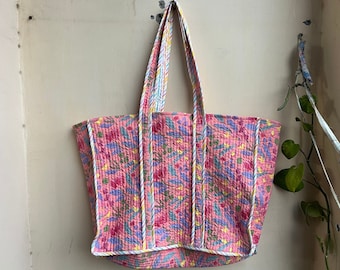 Quilted Cotton Handprinted Reversible Large multicolor Floral Tote Bag Eco friendly Sustainable Sturdy Grocery Shopping Handmade Boho bag