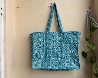 Quilted Cotton Handprinted Reversible Large Multicolor Floral Tote Bag ...