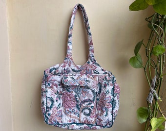 Quilted Duffle Tote Shoulder Patch Bag Cotton Handprint Floral Eco friendly Sustainable bag, Yoga Shopping Beach Boho Weekend laptop bag