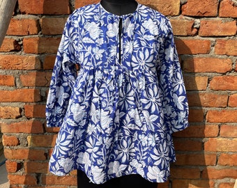 Hand Block Printed Cotton Tunic Top: Floral Bohemian Dress