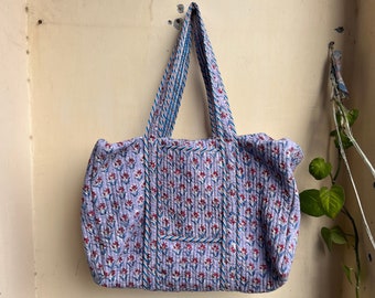 Quilted Duffle Tote Shoulder Patch Bag Cotton Handprint Floral Eco friendly Sustainable bag, Yoga Shopping Beach Artist Boho Weekend bag