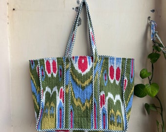 Quilted Cotton Handprinted Reversible Large multicolor Floral Tote Bag Eco friendly Sustainable Sturdy Grocery Shopping Handmade Boho bag