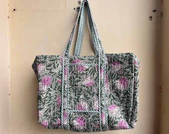 Hand Block Printed Quilted Cotton Duffle Bag, Ethnic Travel Weekender Tote