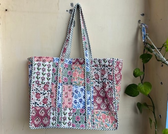 Quilted Cotton Handprinted Reversible Large multicolor Floral Tote Bag Eco friendly Sustainable Sturdy Grocery Shopping Handmade Boho bag