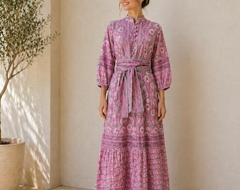 Pink Floral Cotton Midi Dress, Indian Block Print, Boho Belted Summer Style