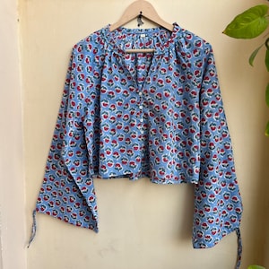 Hand Block Printed Top, Summer Top, Cotton Top,  Women&#39;s top, handmade cotton blouse, long sleeve blouse, Summer Blouse