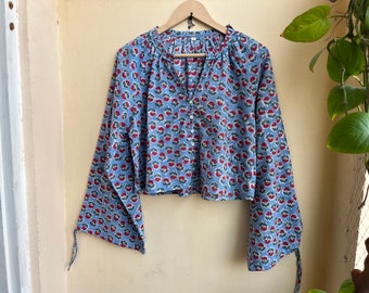 Hand Block Printed Top, Summer Top, Cotton Top,  Women&#39;s top, handmade cotton blouse, long sleeve blouse, Summer Blouse
