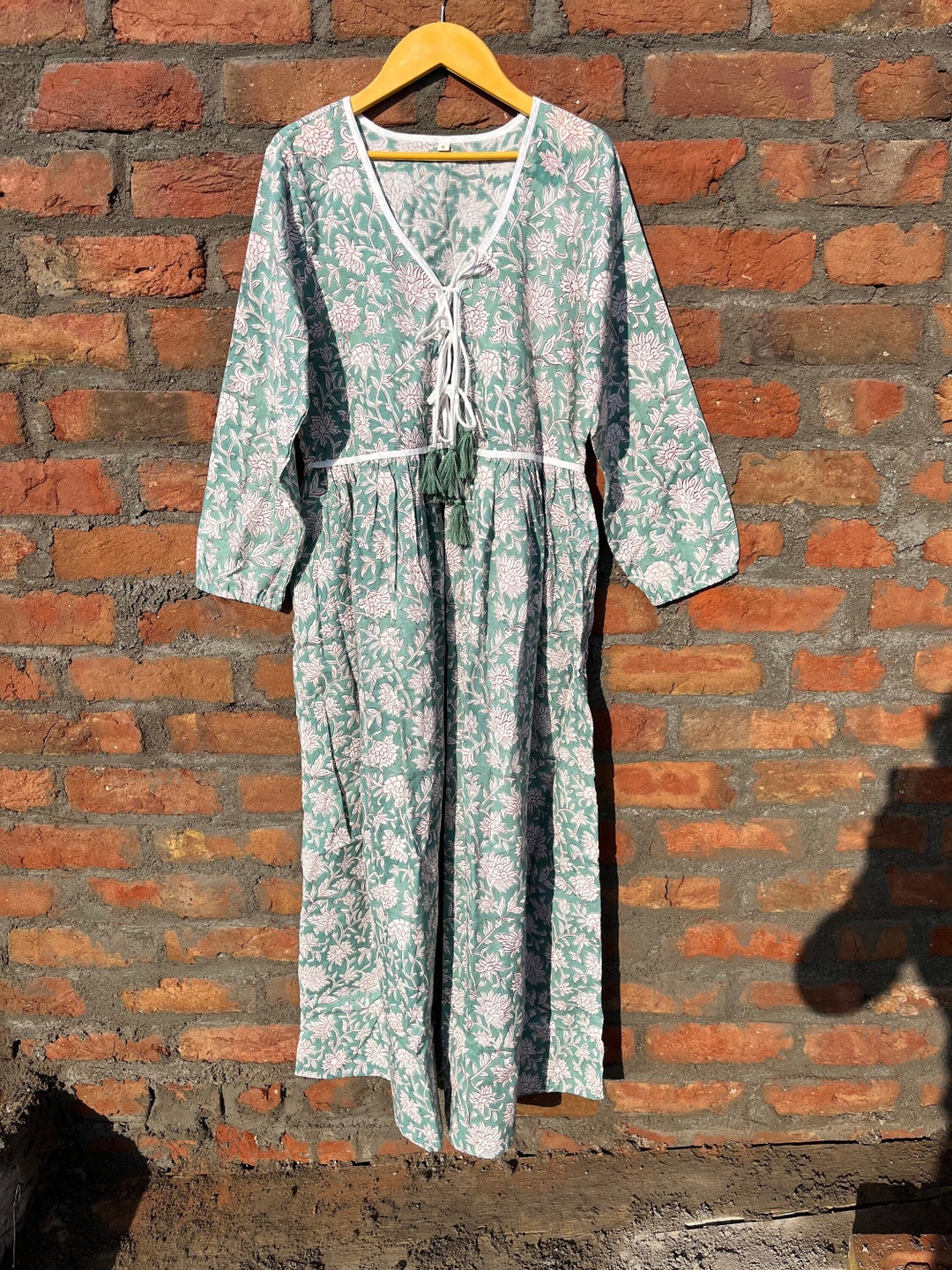 Ivory Olive Hand Block Printed Cotton Maxi Dress – Tiered Boho Women’s Dress