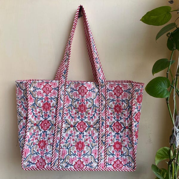 Handmade Pink Floral Quilted Tote Bag - Large Kantha Stitch Cotton Handbag - Jaipur Block Print Shoulder Bag - Oversized Boho Travel Bag