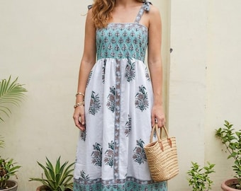 Boho Block Print Cotton Midi Dress, Floral Summer Vacation Outfit